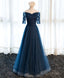 Dark Blue Lace Tulle Long Prom Dress, Lace Evening Dress