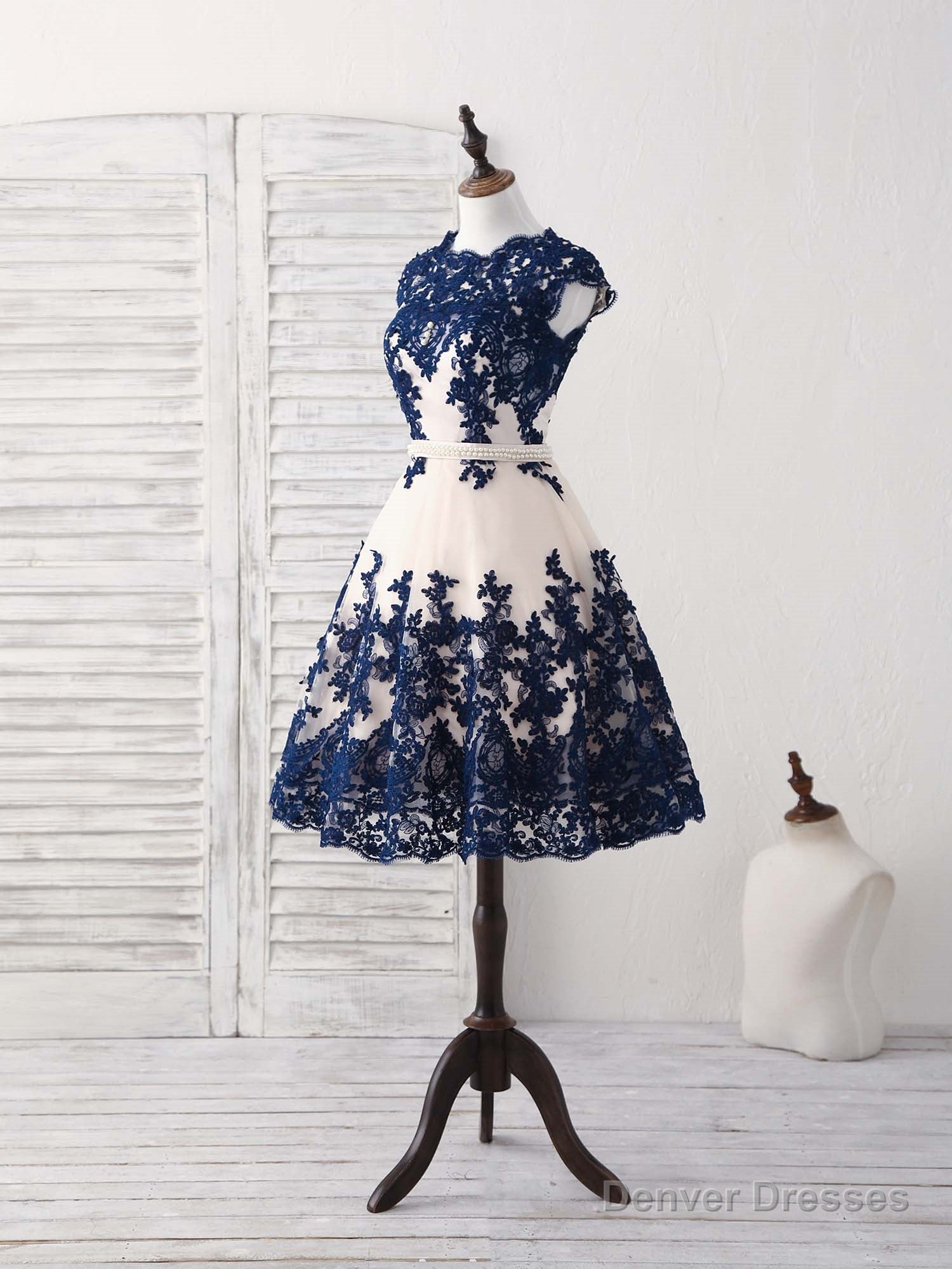 Dark Blue Lace Tulle Short Prom Dress Blue Bridesmaid Dress Secondary image