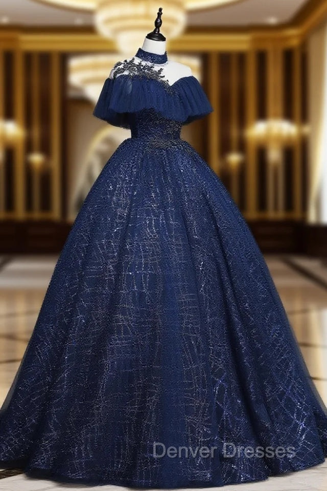 Dark Blue Long Prom Dress, Blue Tulle Formal Gown Graduation Dress