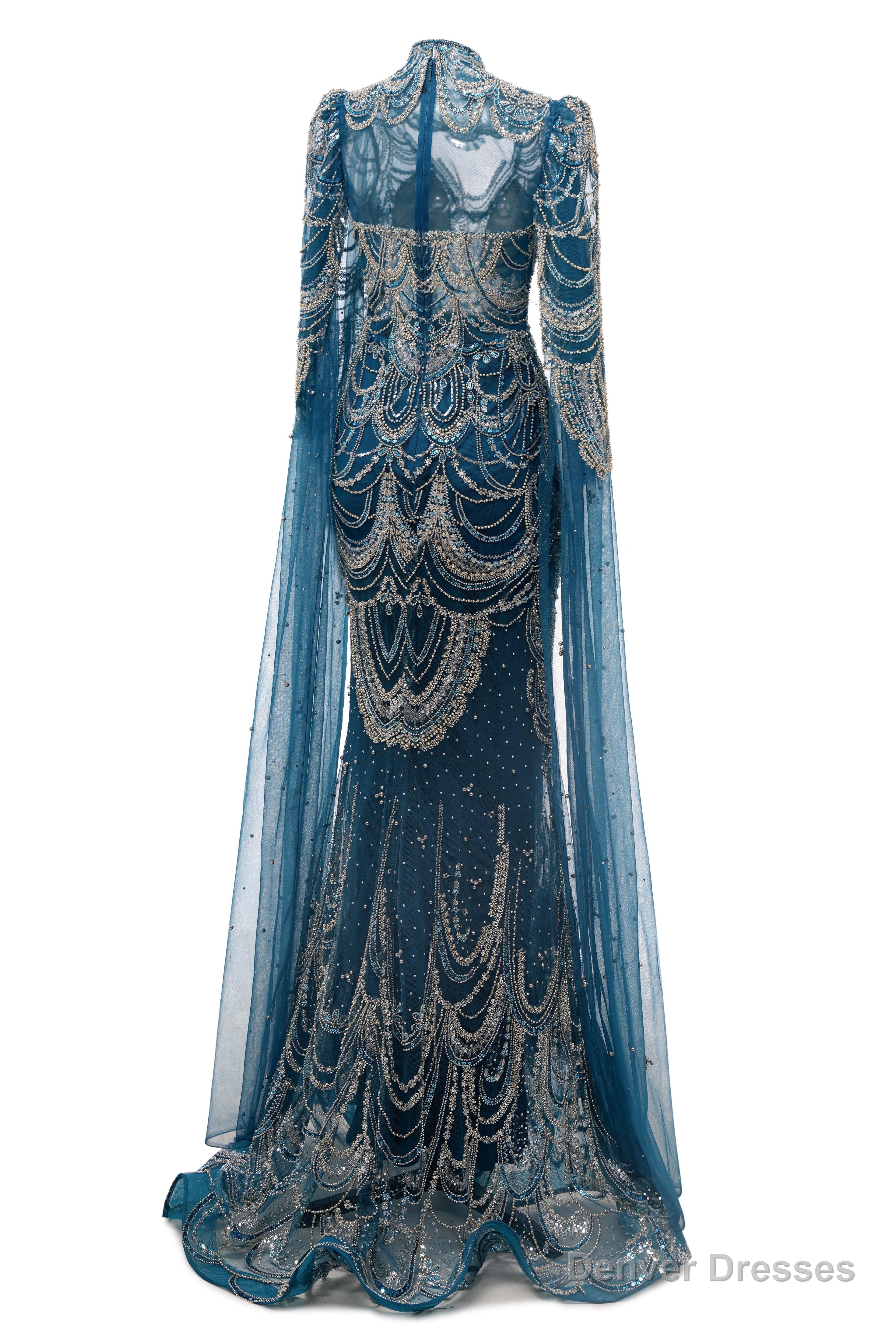 Dark Blue Mermaid Prom Dresses Beading Tulle Women Luxury Evening Dresses High Neck Long Sleeves