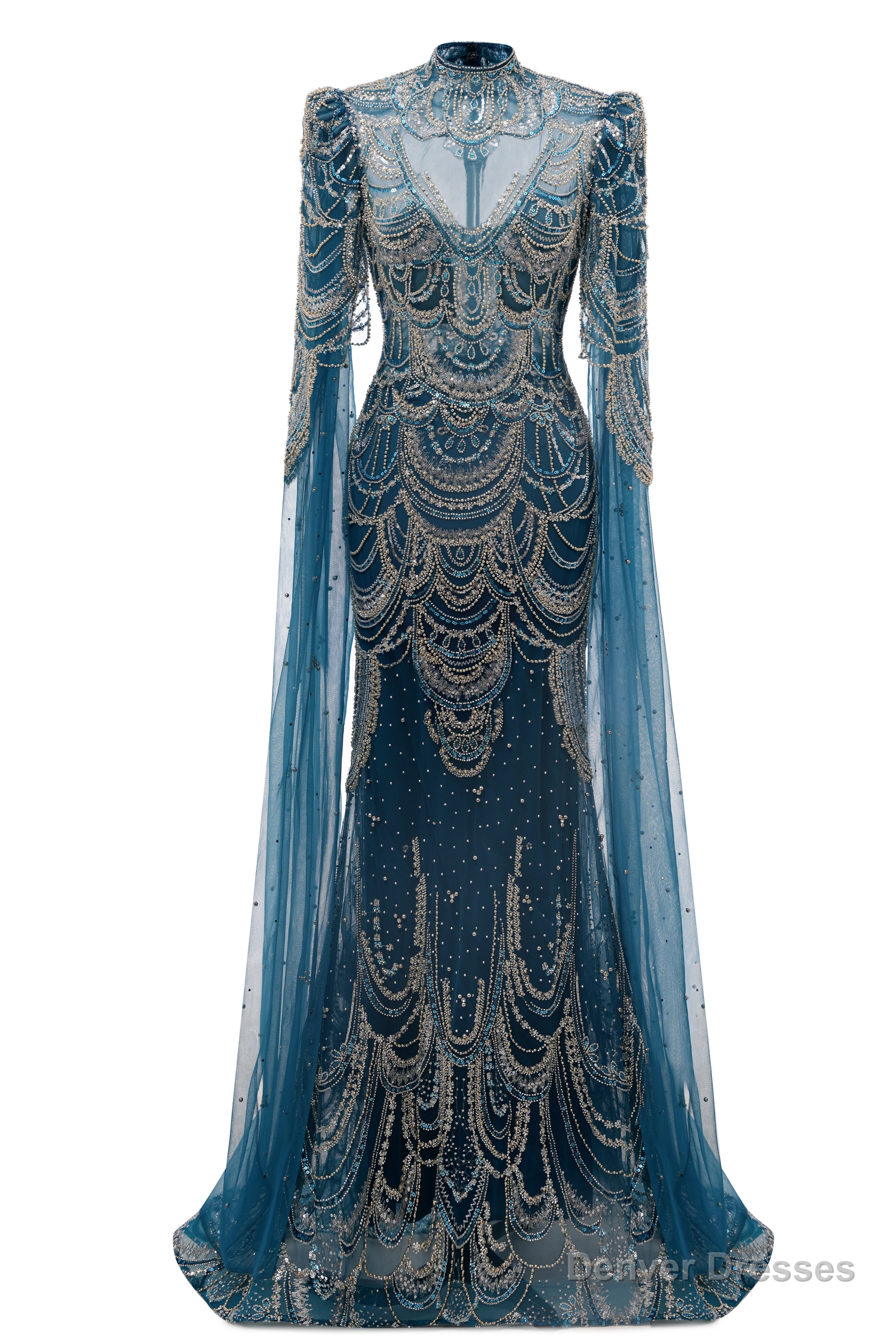Dark Blue Mermaid Prom Dresses Beading Tulle Women Luxury Evening Dresses High Neck Long Sleeves