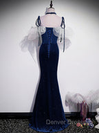 Dark Blue Mermaid Velvet Long Prom Dress, Blue Formal Evening Dress