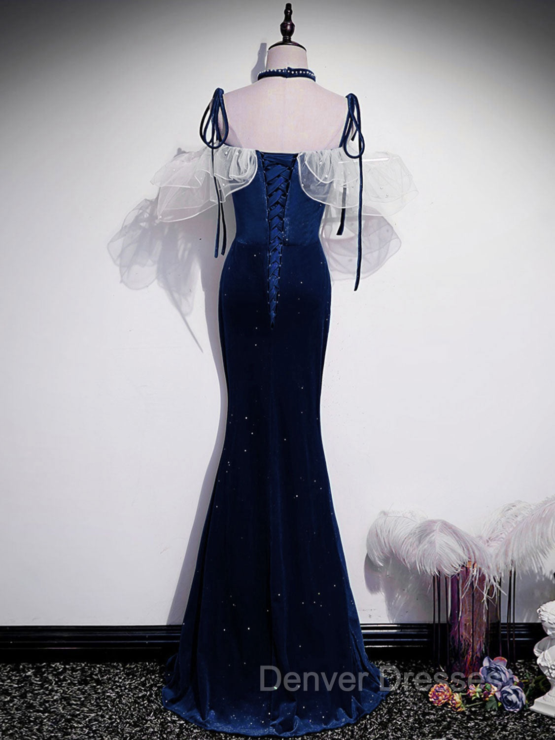 Dark Blue Mermaid Velvet Long Prom Dress, Blue Formal Evening Dress