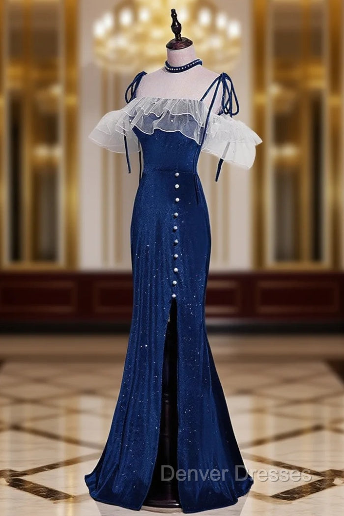 Dark Blue Mermaid Velvet Long Prom Dress, Blue Formal Evening Dress Main image