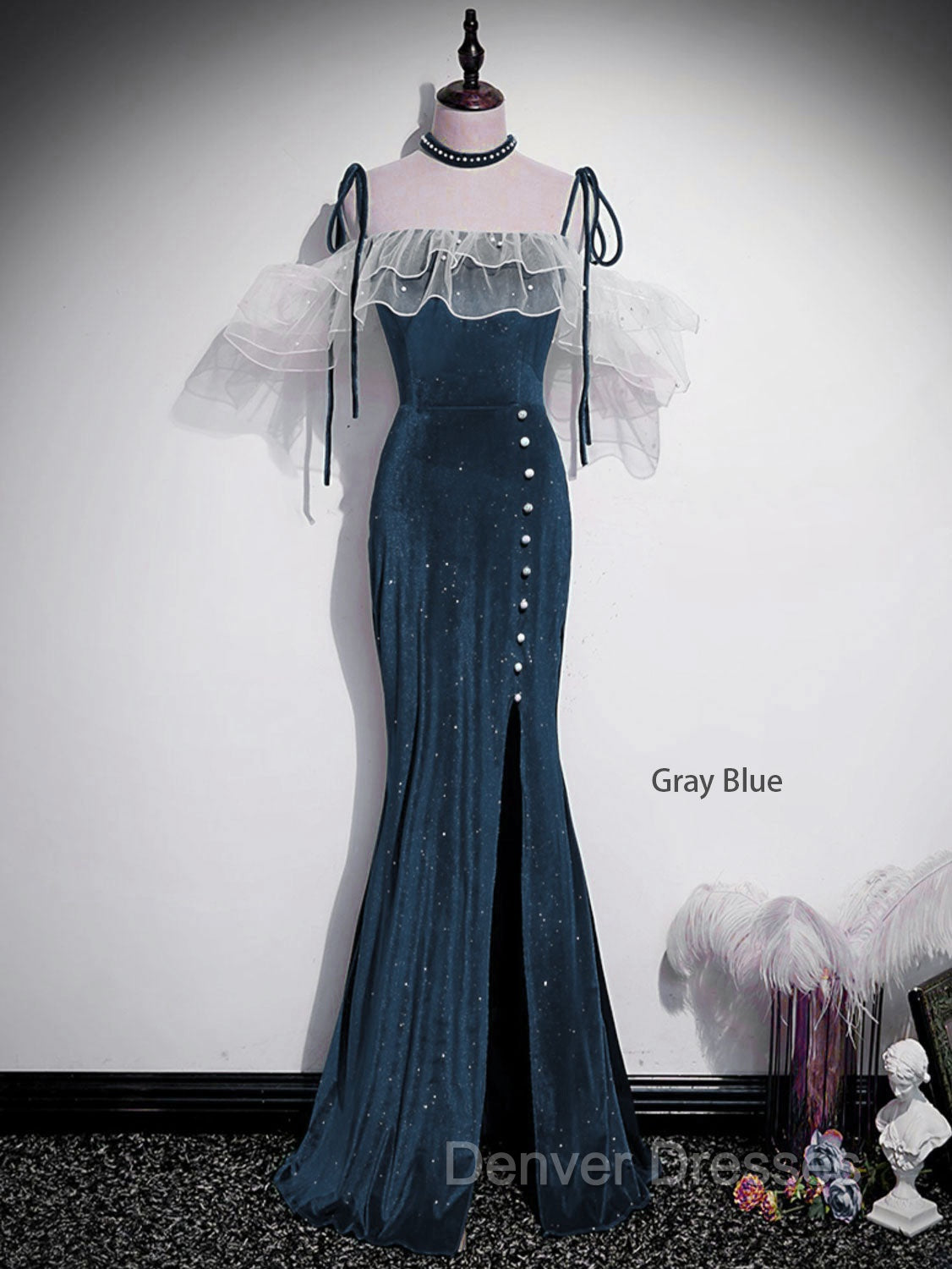 Dark Blue Mermaid Velvet Long Prom Dress, Blue Formal Evening Dress