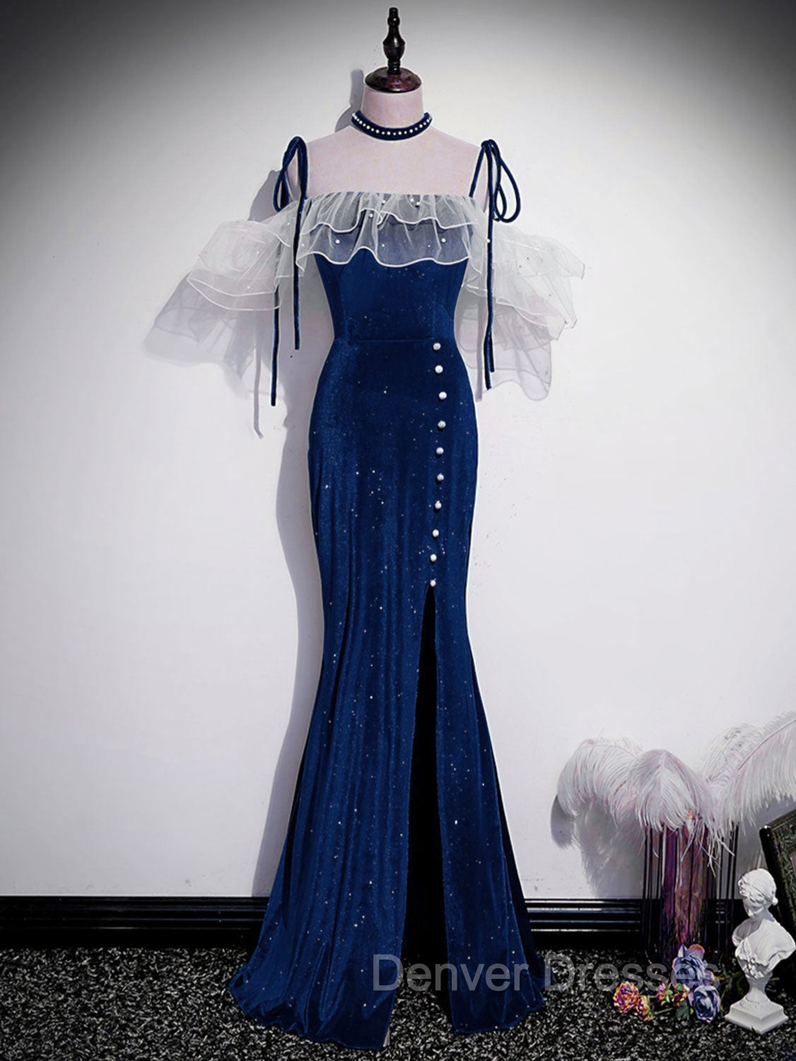 Dark Blue Mermaid Velvet Long Prom Dress, Blue Formal Evening Dress Secondary image