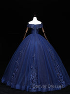 Dark Blue Off Shoulder Tulle Lace Long Prom Gown, Blue Sweet 16 Dress With Beading Sequin