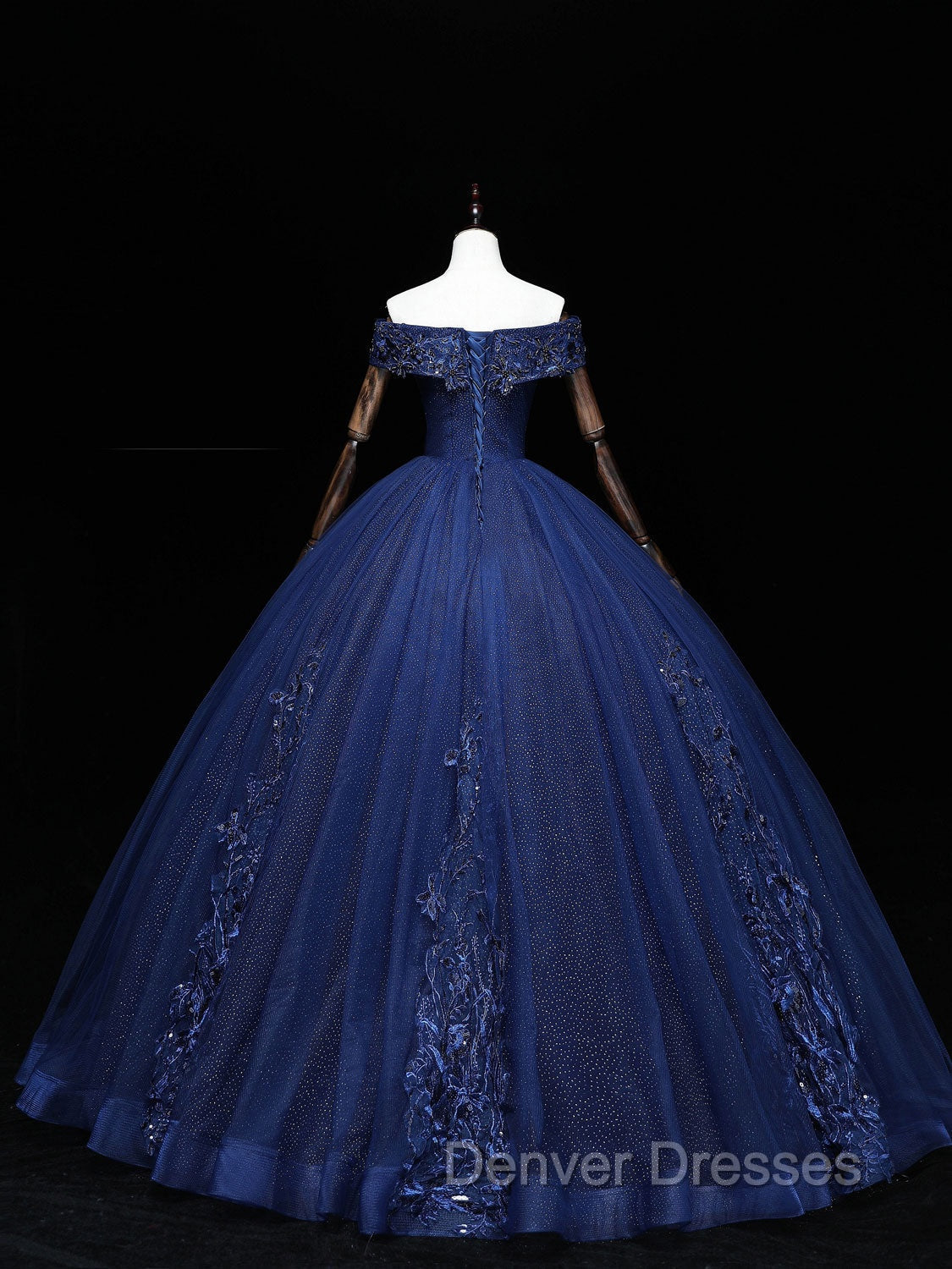 Dark Blue Off Shoulder Tulle Lace Long Prom Gown, Blue Sweet 16 Dress With Beading Sequin
