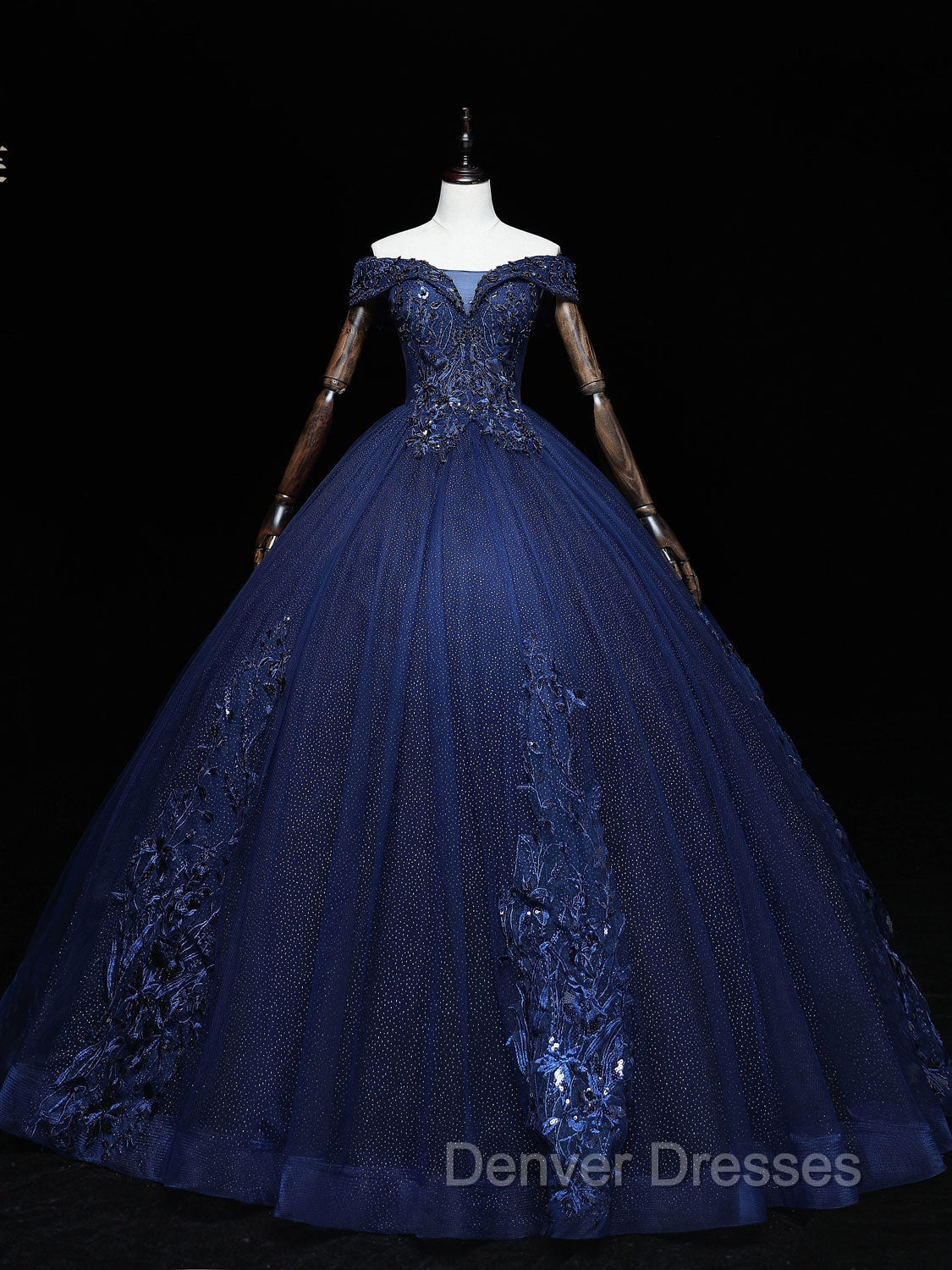 Dark Blue Off Shoulder Tulle Lace Long Prom Gown, Blue Sweet 16 Dress With Beading Sequin Secondary image