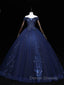 Dark Blue Off Shoulder Tulle Lace Long Prom Gown, Blue Sweet 16 Dress With Beading Sequin
