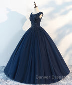 Dark blue round neck tulle lace long prom Dress, blue tulle lace evening Dress