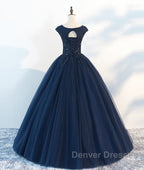 Dark blue round neck tulle lace long prom Dress, blue tulle lace evening Dress