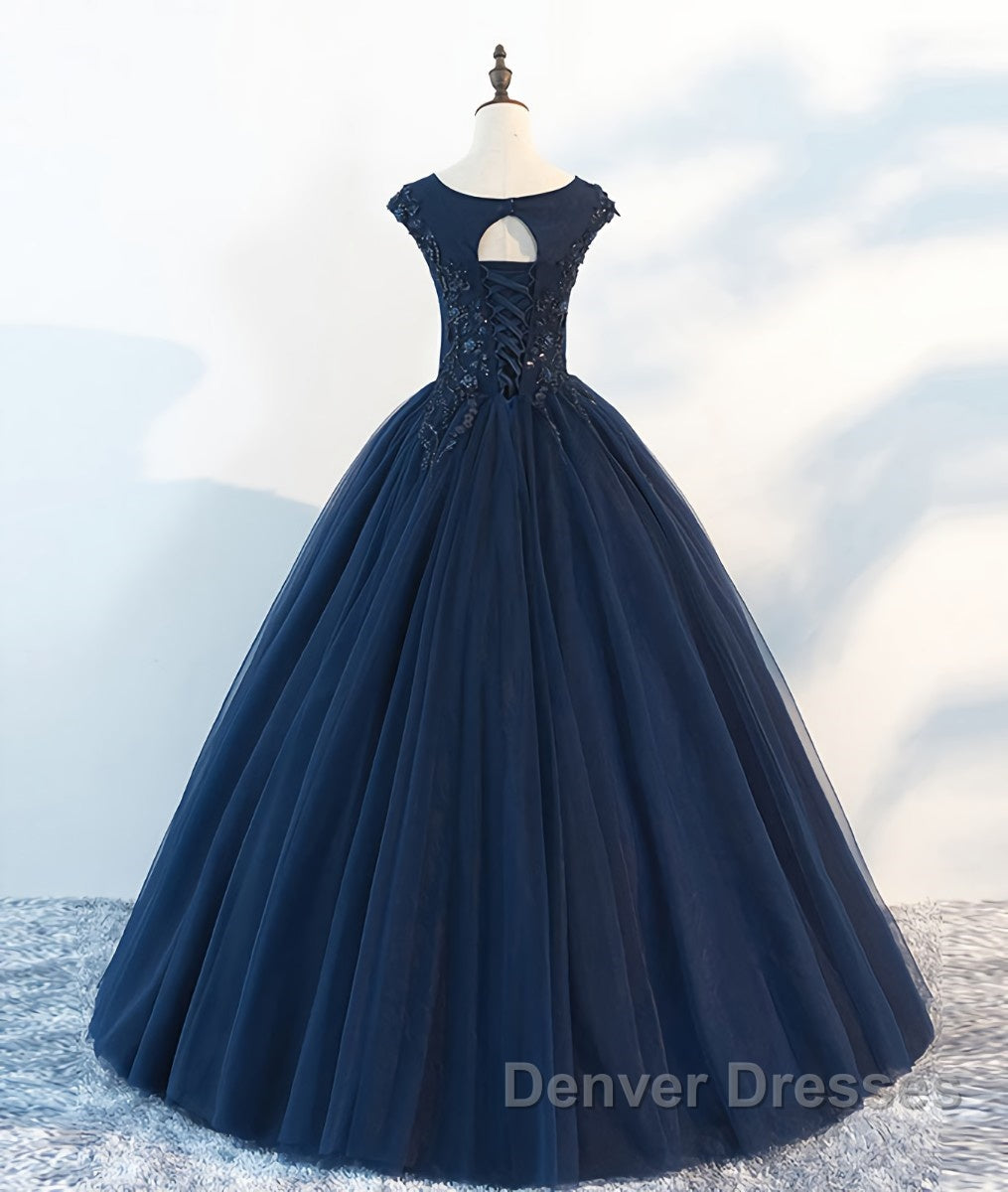 Dark blue round neck tulle lace long prom Dress, blue tulle lace evening Dress