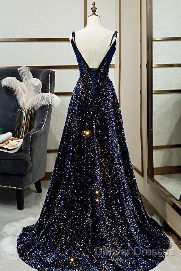 Dark Blue Sequin A Line Spaghetti Straps Bling Bling Prom Dress Secondary image