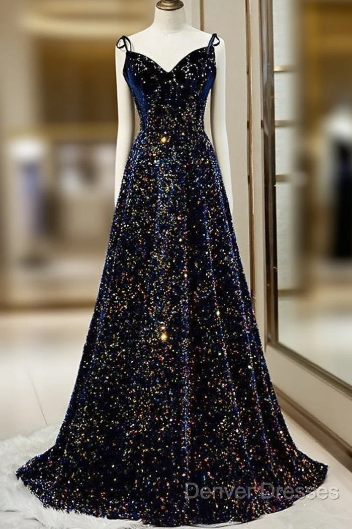 Dark Blue Sequin A Line Spaghetti Straps Bling Bling Prom Dress