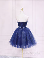 Dark Blue Sweetheart Neck Tulle Sequin Short Prom Dress Blue Puffy Homecoming Dress