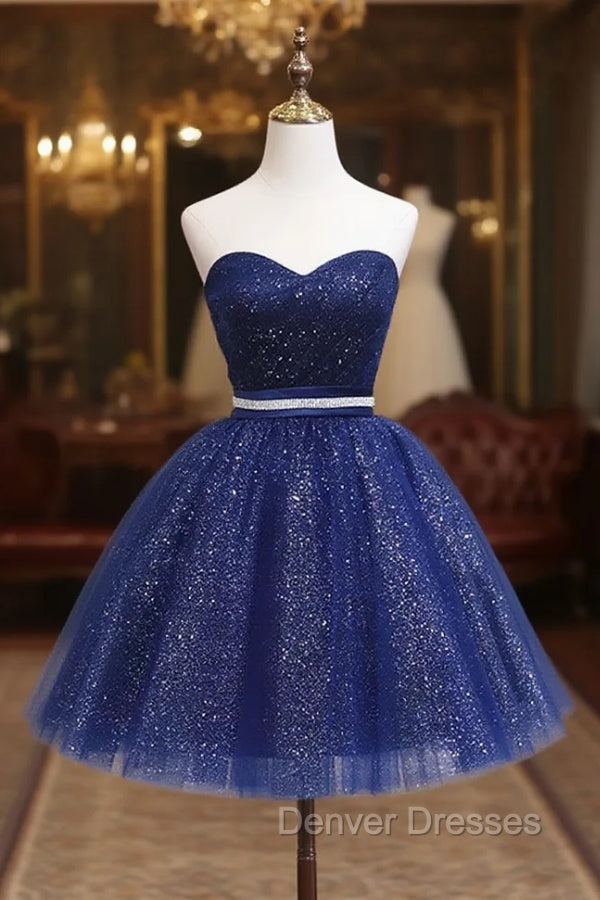Dark Blue Sweetheart Neck Tulle Sequin Short Prom Dress Blue Puffy Homecoming Dress Main image