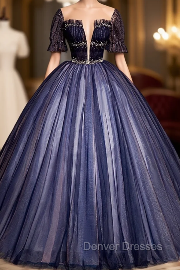 Dark Blue Tulle Backless Beading Quinceanera Dress Main image