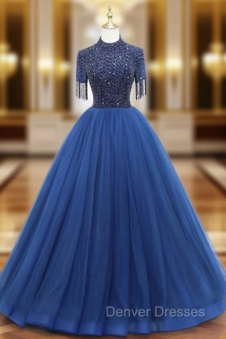Dark Blue Tulle High Neck Beading Prom Dress