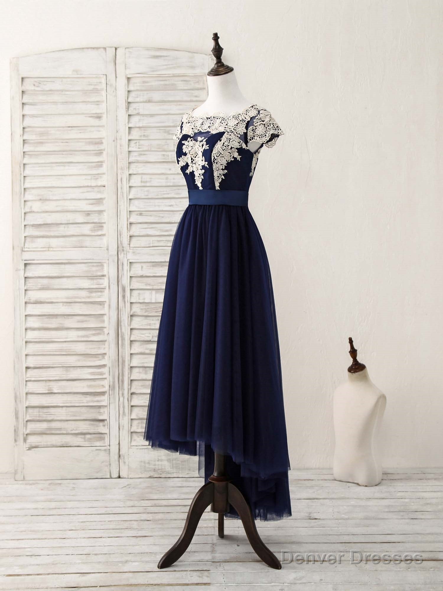 Dark Blue Tulle Lace Applique High Low Prom Dresses Secondary image