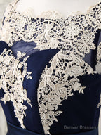 Dark Blue Tulle Lace Applique High Low Prom Dresses