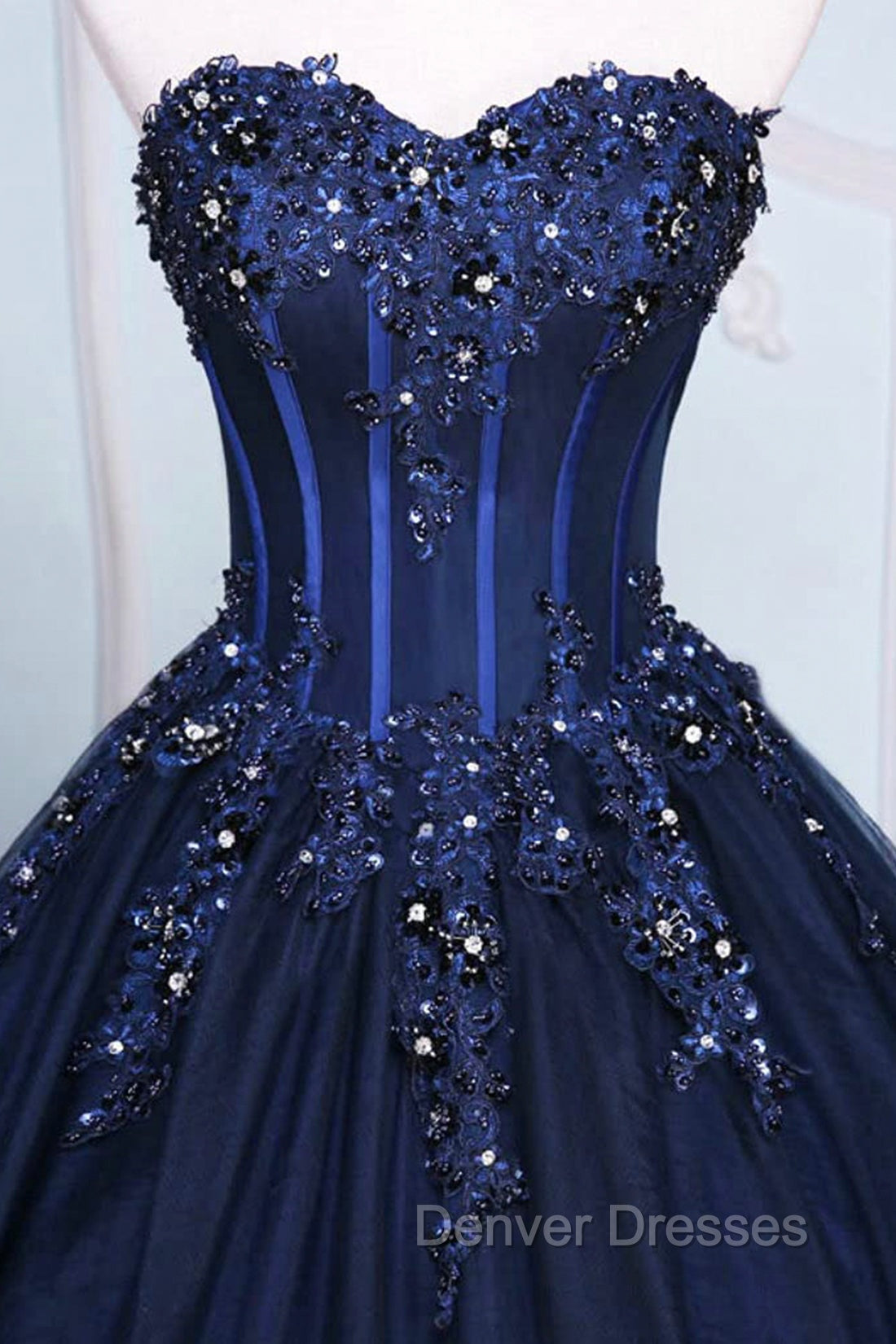 Dark Blue Tulle Lace Princess Dress, A-Line Strapless Long Prom Dress Secondary image