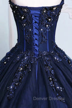 Dark Blue Tulle Lace Princess Dress, A-Line Strapless Long Prom Dress