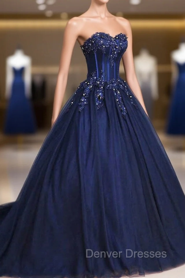 Dark Blue Tulle Lace Princess Dress, A-Line Strapless Long Prom Dress Main image
