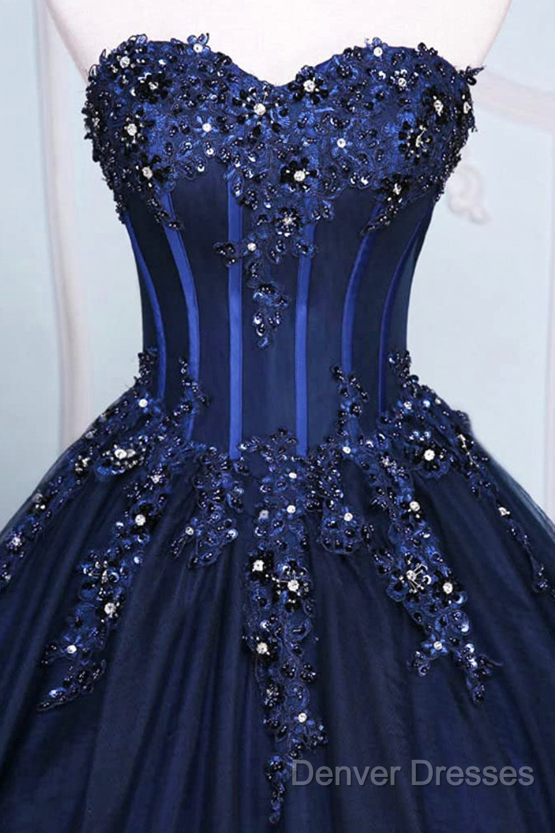 Dark Blue Tulle Lace Princess Dress, Beautiful A-Line Strapless Long Prom Dress Secondary image