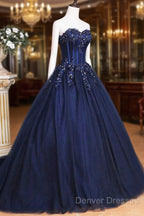 Dark Blue Tulle Lace Princess Dress, Beautiful A-Line Strapless Long Prom Dress