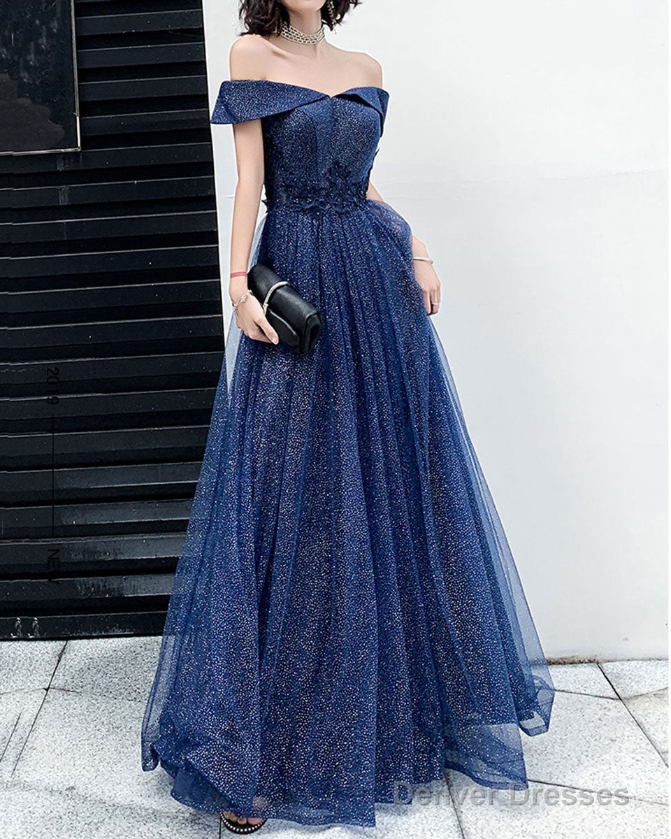 Dark Blue Tulle Long Prom Dress, A-Line Tulle Off Shoulder Blue Wedding Party Dresses Secondary image