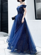 Dark Blue Tulle Long Prom Dress, A-Line Tulle Off Shoulder Blue Wedding Party Dresses