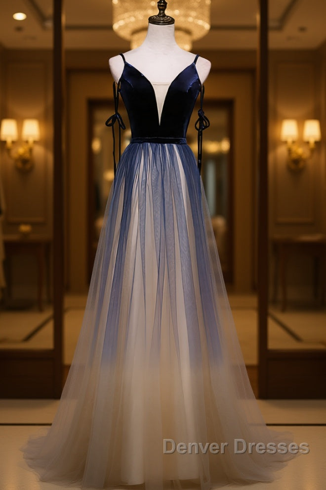 Dark blue tulle long prom Dress, blue evening Dress Main image