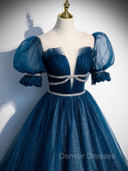Dark Blue Tulle Long Prom Dress, Blue Tulle Sweet 16 Dress