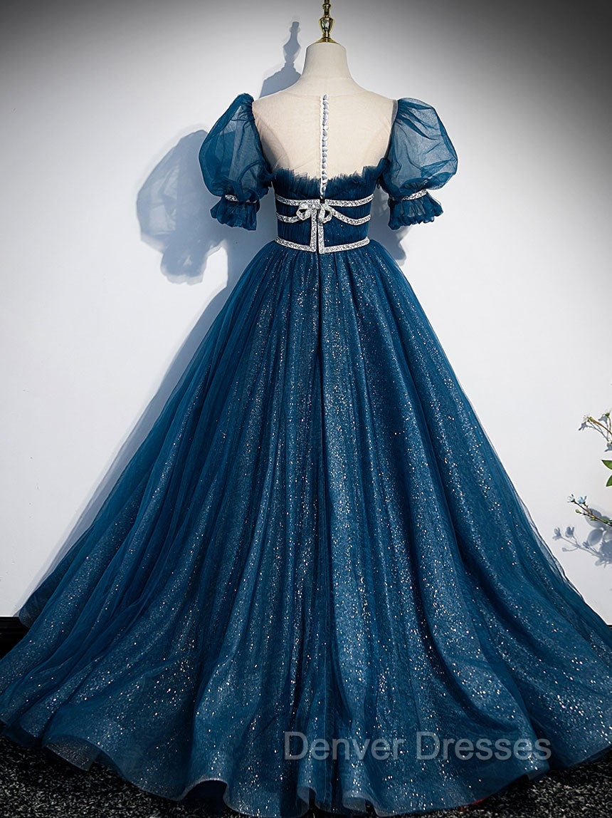 Dark Blue Tulle Long Prom Dress, Blue Tulle Sweet 16 Dress