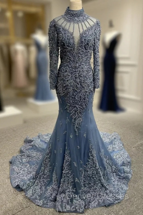 Dark Blue Tulle Mermaid Beading Prom Dress Main image