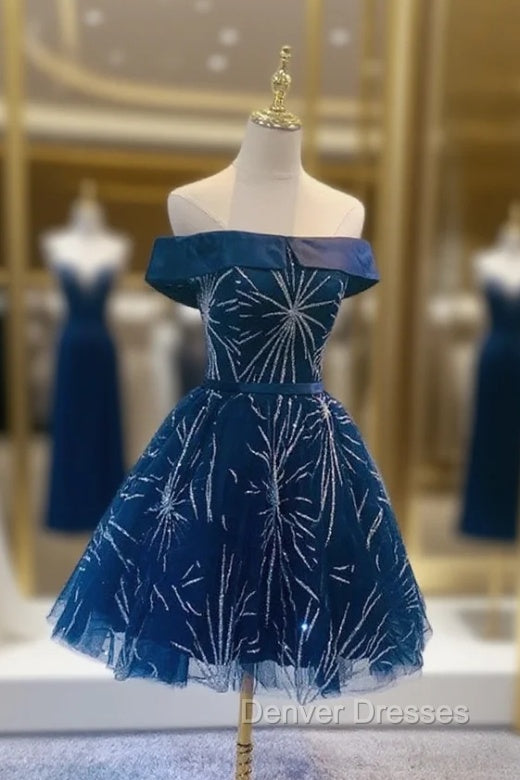 Dark Blue Tulle Off Shoulder Knee Length Party Dress, Blue Homecoming Dress Secondary image