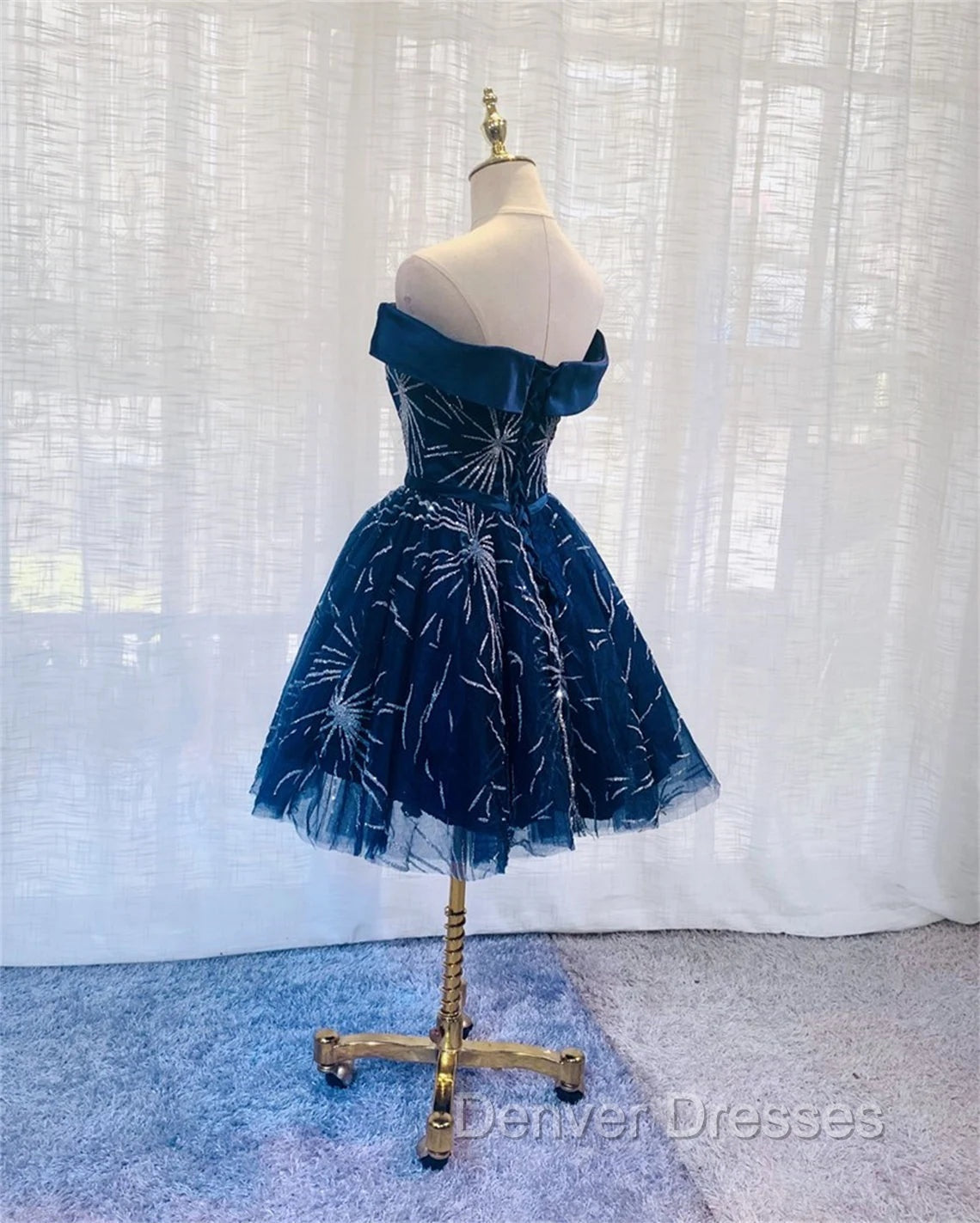 Dark Blue Tulle Off Shoulder Knee Length Party Dress, Blue Homecoming Dress