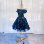 Dark Blue Tulle Off Shoulder Knee Length Party Dress, Blue Homecoming Dress