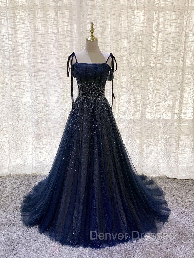 Dark Blue Tulle Sequin Long Prom Dress, Blue Tulle Formal Dress Main image