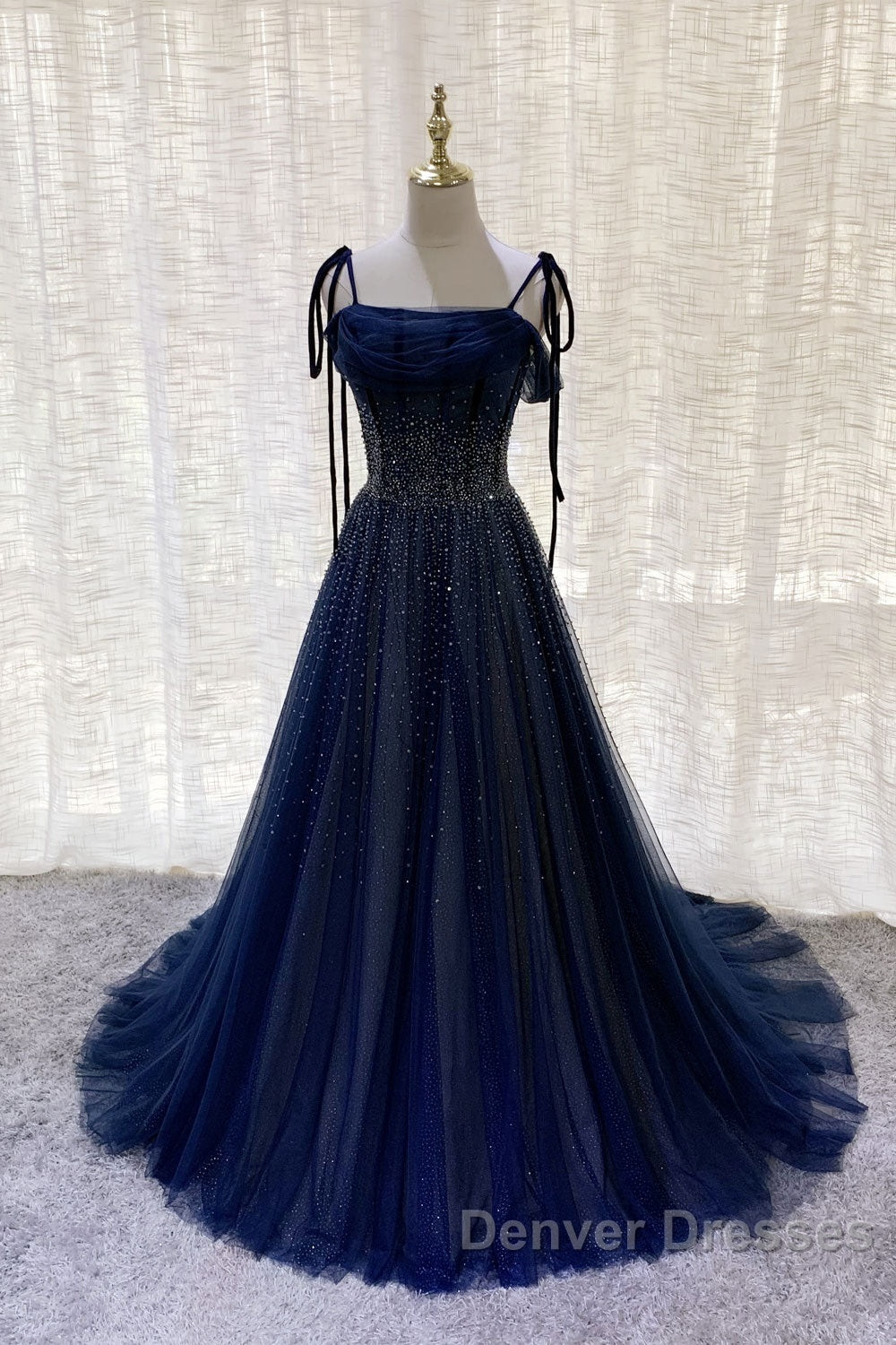 Dark Blue Tulle Sequin Long Prom Dress, Dark Blue Evening Dress Secondary image