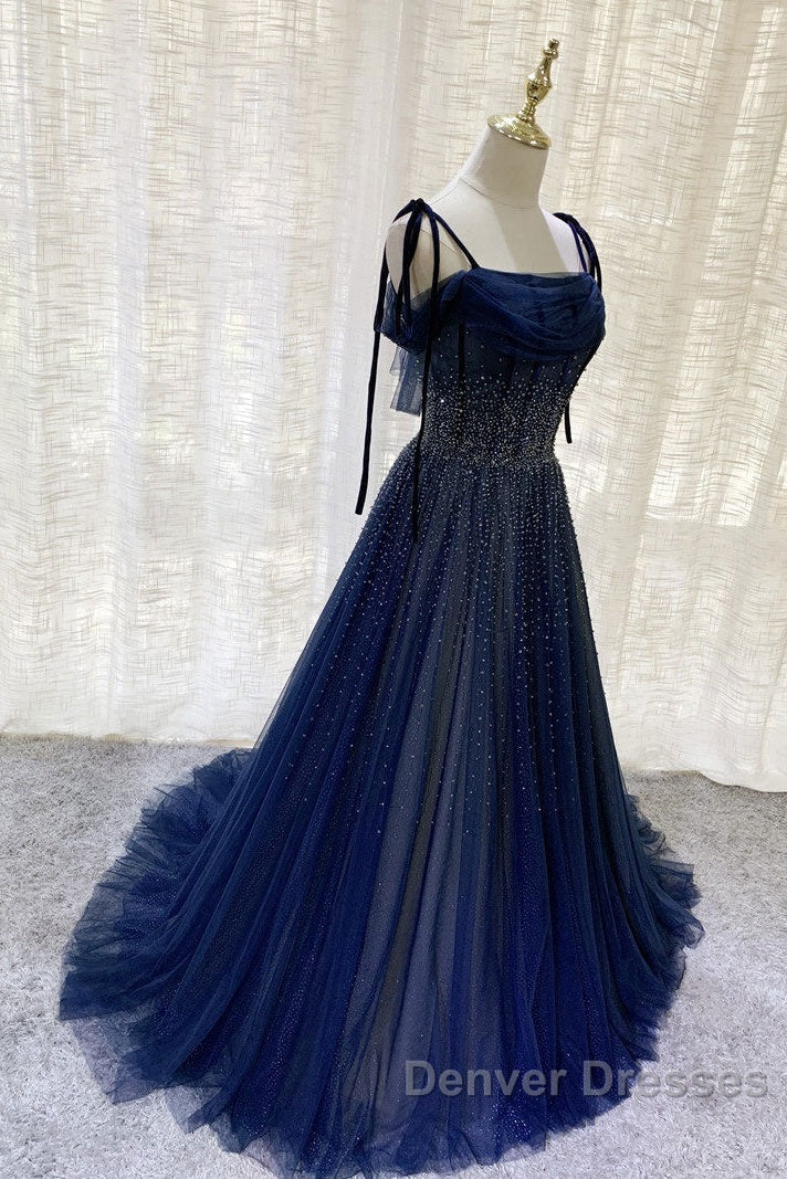 Dark Blue Tulle Sequin Long Prom Dress, Dark Blue Evening Dress