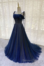 Dark Blue Tulle Sequin Long Prom Dress A Line Birthday Party Dress