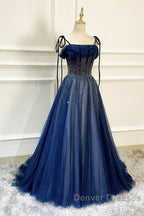 Dark Blue Tulle Sequin Long Prom Dress A Line Birthday Party Dress