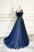 Dark Blue Tulle Sequin Long Prom Dress A Line Birthday Party Dress