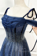 Dark Blue Tulle Sequin Long Prom Dress A Line Birthday Party Dress