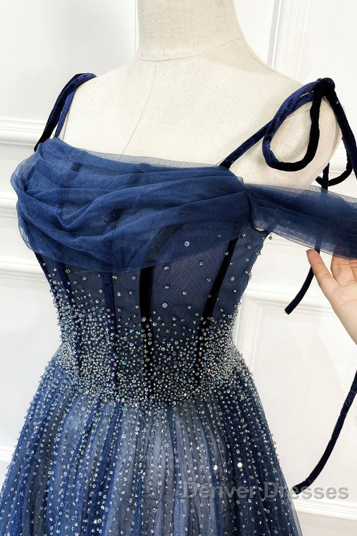 Dark Blue Tulle Sequin Long Prom Dress A Line Birthday Party Dress