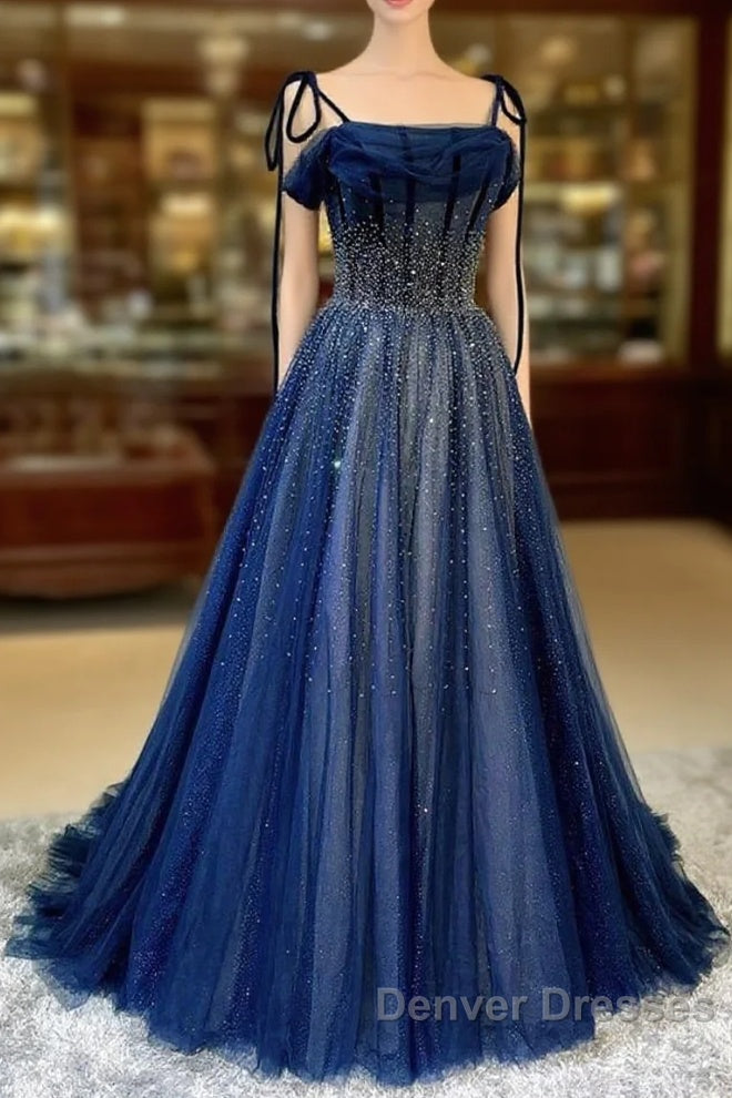 Dark Blue Tulle Sequin Long Prom Dress A Line Birthday Party Dress