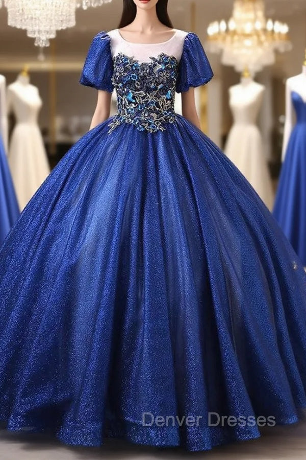 Dark Blue Tulle Sequins Puff Sleeve Appliques Quinceanera Dress Main image