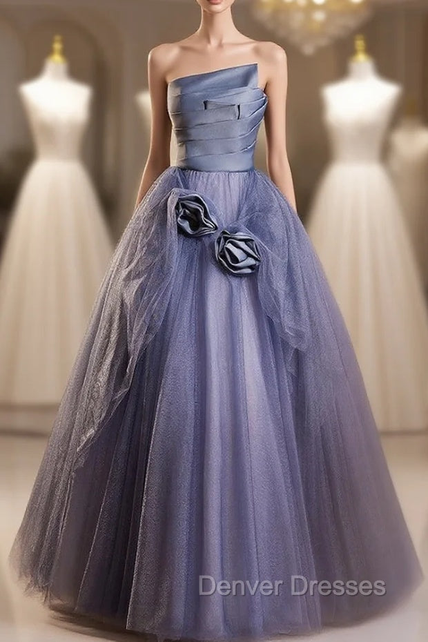 Dark Blue Tulle Strapless Pleats Flower Prom Dress Main image